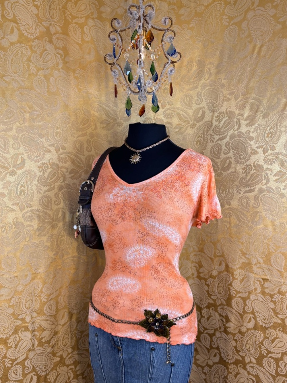 ✨Vintage Y2K Boho Beaded Paisley Lettuce Trim Baby Tee✨